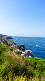 Scenic view of sea against clear blue sky