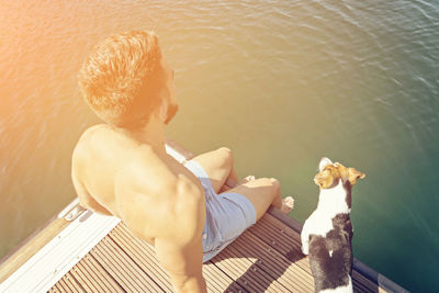 High angle view of dog sitting on boat