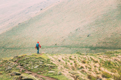 Rear view of man walking on mountain