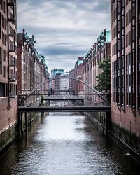 Bridge over canal amidst buildings in city against sky