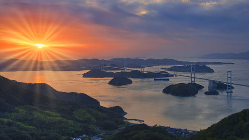 Scenic view of shimanami road against sky during sunset