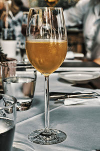 Close-up of beer in glass on table