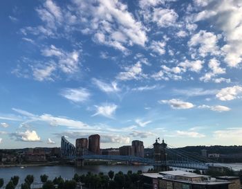 Buildings by river against sky in city