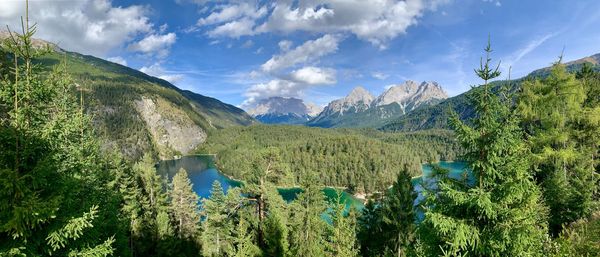 Panoramic shot of plants and mountains against sky