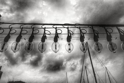 Low angle view of hanging railing against sky