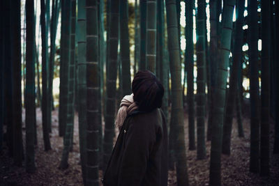 Rear view of woman standing by trees in forest