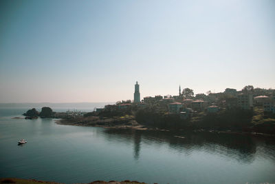 Scenic view of sea and buildings against clear sky