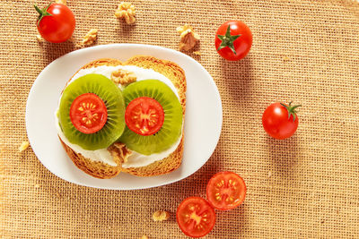 High angle view of breakfast served on table