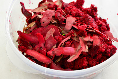 High angle view of red chili peppers in bowl