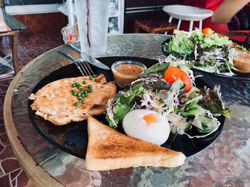 High angle view of breakfast on table