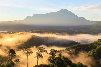 Scenic view of mountains against sky during sunset