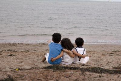 Rear view of friends sitting on shore at beach