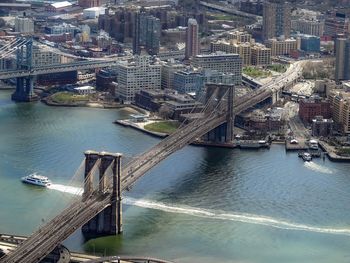 Aerial view of brooklyn and manhattan bridge with cityscape