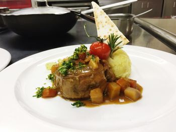 Close-up of food served in plate