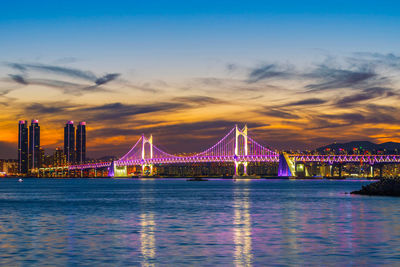 Illuminated bridge over river against sky during sunset