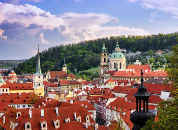 High angle shot of townscape against sky