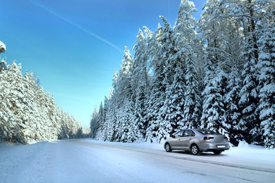 The car is driving on a snowy road in winter,during a heavy snowfall.the concept of traveling by car