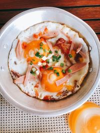 High angle view of breakfast served on table