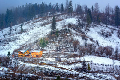 High angle view of snow covered land