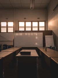 Empty chairs and tables in room