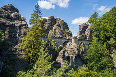 Panoramic view of trees and bridge against sky near bastei