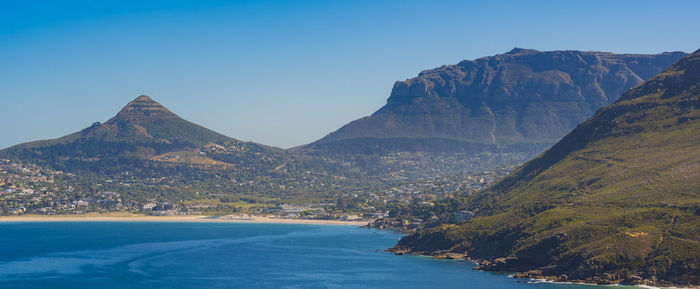 Scenic view of sea and mountains against clear blue sky