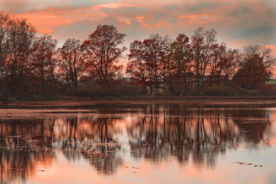 Scenic view of lake against sky at sunset