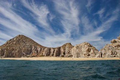 Panoramic view of sea and mountains against blue sky