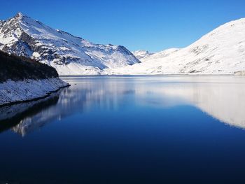 Scenic view of lake and snowcapped mountains against blue sky