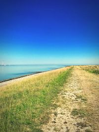 Scenic view of field against clear blue sky