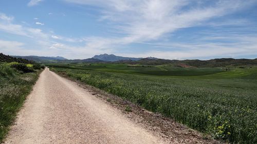 Dirt road amidst field against sky