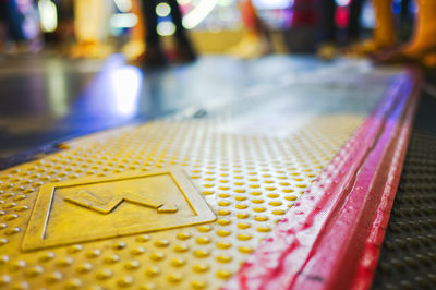 High angle view of sign on table