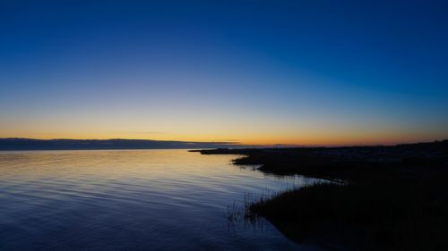 Scenic view of lake against clear sky during sunset