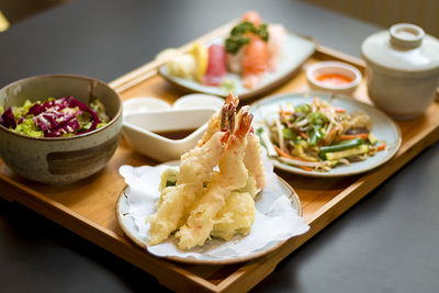 High angle view of food on table in restaurant