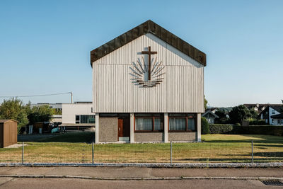 Exterior of building against clear blue sky