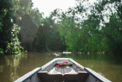 Boat on lake against trees