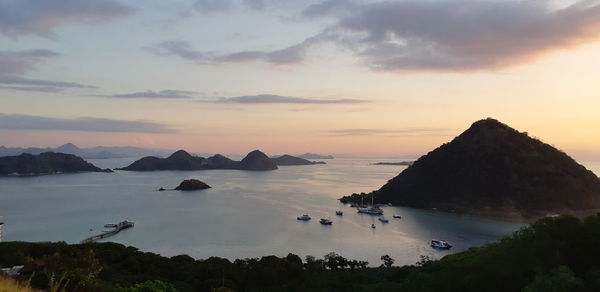 High angle view of sea against sky during sunset