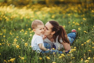 Mother and daughter on field