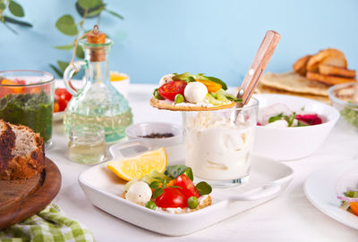 Close-up of breakfast served on table