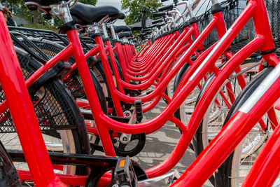 High angle view of red bicycle