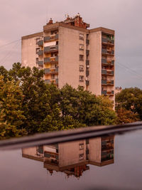 Reflection of building in water against sky