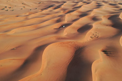 White car driving through the sand dunes. off-road in the united arab emirates.