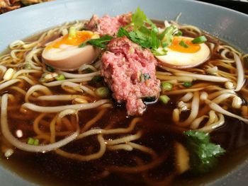 Close-up of noodles served in plate