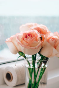 Tender pink roses in vase on windowsill. minimal composition. abstract art idea of flower bouquet. 