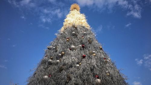 Low angle view of christmas tree against sky