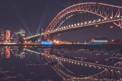 Illuminated bridge over river at night