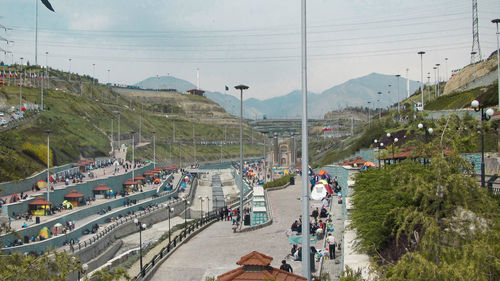 High angle view of people on road