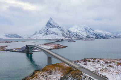 Scenic view of lake by snowcapped mountains against sky