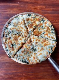 High angle view of pizza on table