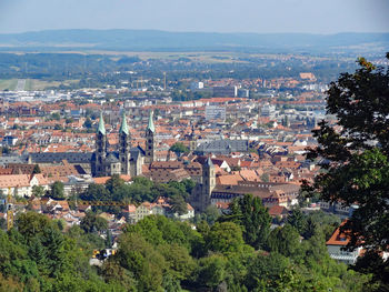 High angle shot of townscape against sky